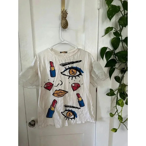 Minette women’s size small abstract faces blouse - Picture 1 of 7